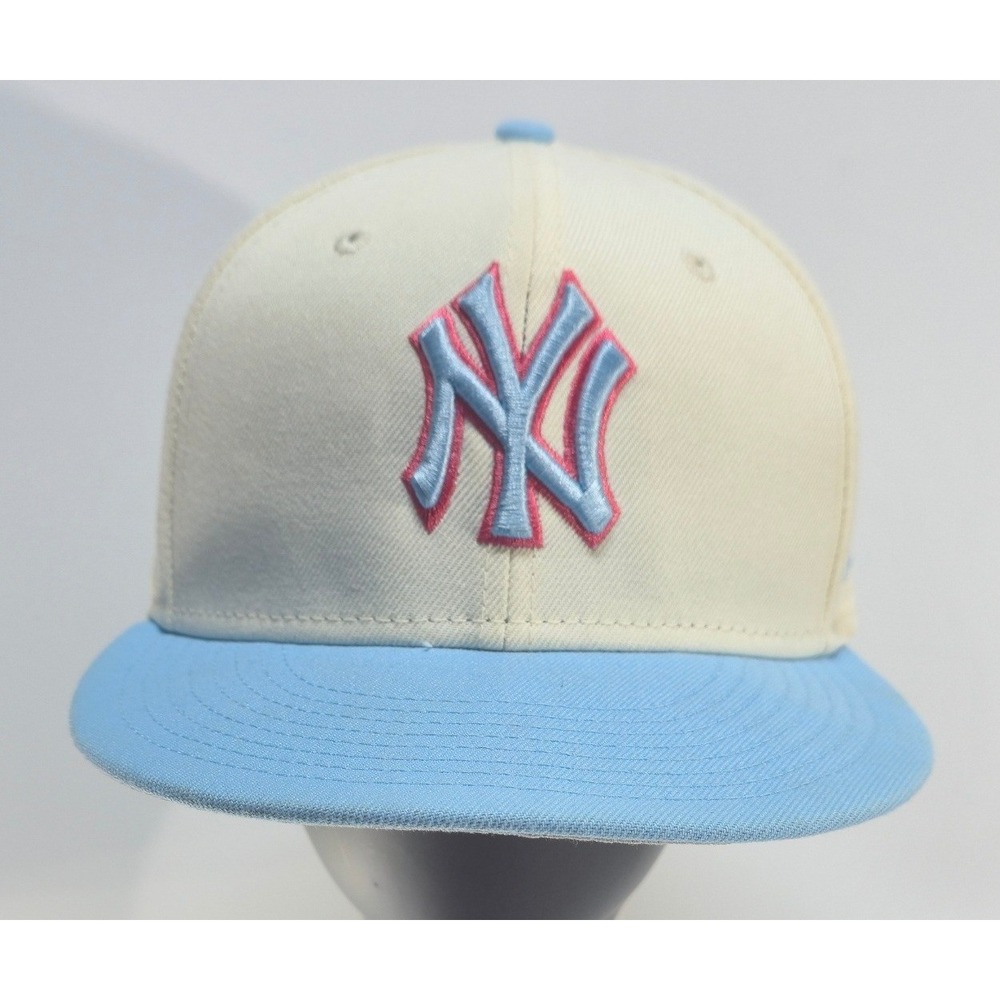 New Era 59FIFTY New York Yankees Fitted Hat 7 3/8 Cream Baby Blue Pink MLB Cap